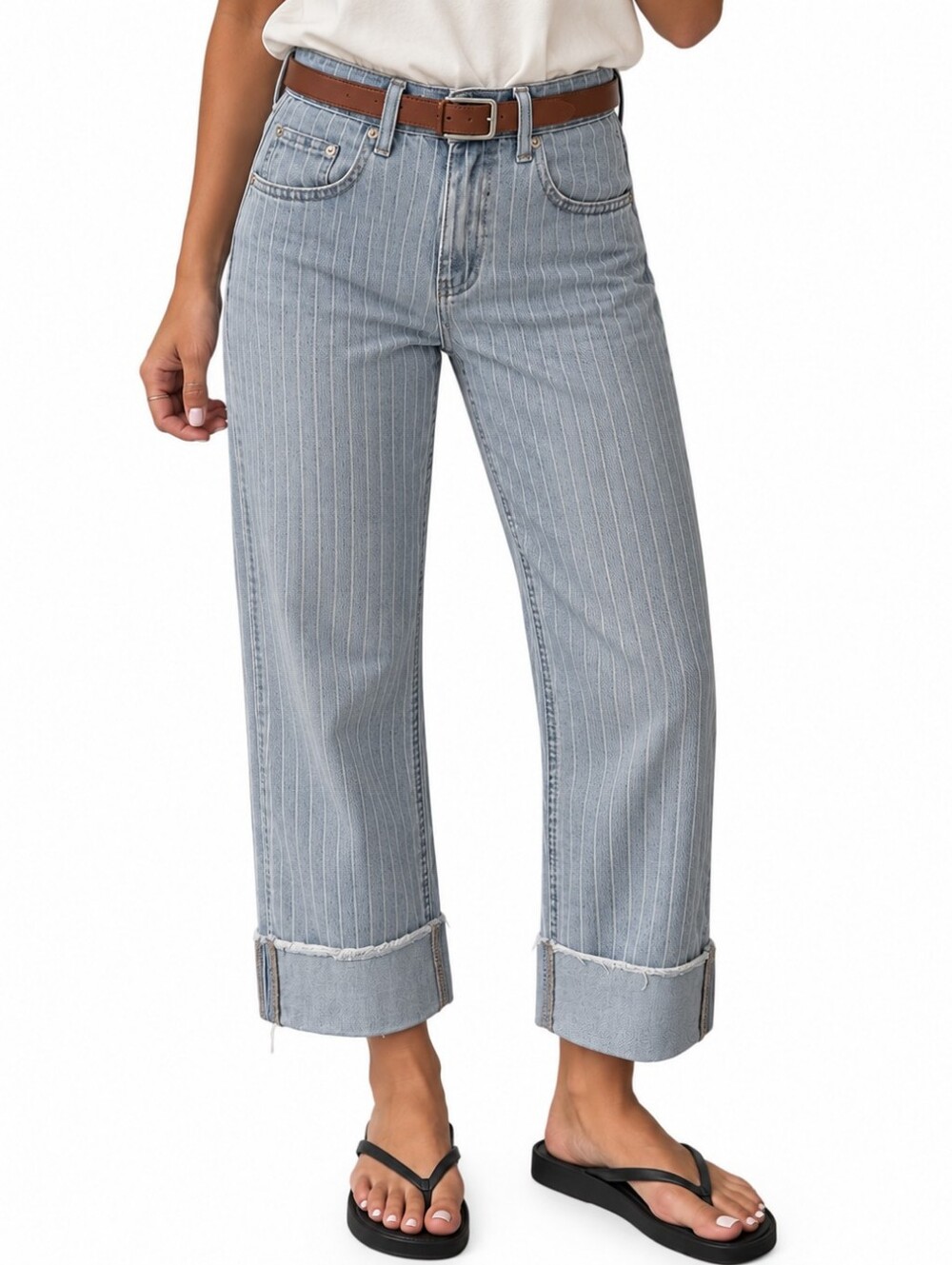 Flamingals Flamingals Straight Leg Mid Rise Striped Roll Hem Trendy Jeans NWT